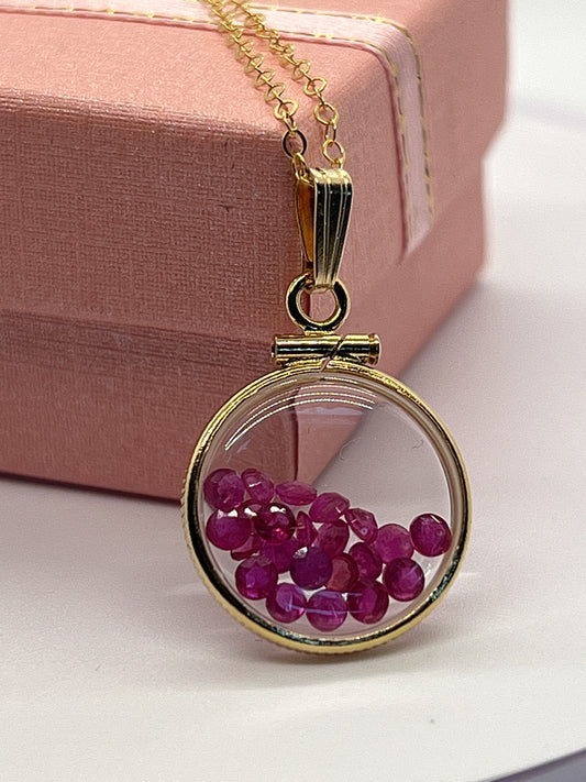 14k Solid Gold Handmade Dime Sized Ruby Shaker Locket with beautiful July Birthstone, 1.95 TCW