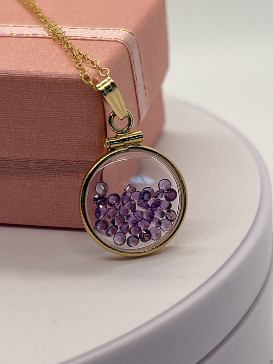 14k Solid Gold Handmade Dime sized Amethyst shaker locket, 1.15 TCW, February birthstone.