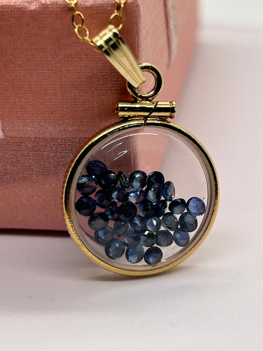 14k Solid Gold Handmade Dime size Sapphire shaker locket, 2.0 TCW,  September birthstone.