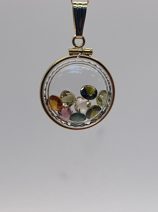 Solid 14k Gold Lucite Diamond Edge Handmade 4 TCW Multicolor Tourmaline Shaker Locket. Reversible. Eight 0.5 CT Round Cut Colorful Gemstones