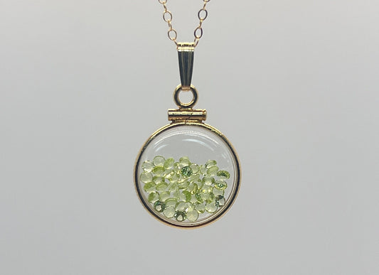 14k Solid Gold Handmade Dime size Peridot shaker locket, 1.75 TCW, August birthstone.